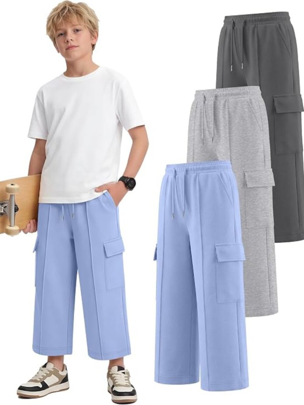 Boys Capri Cargo Pants Loose Fit Drawstring Elastic Waist Pull-On Joggers 3 Pack